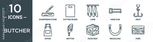 Fototapeta butcher outline icon set includes thin line sharpening stone, cutting board, lamb, hand saw, meat, apron, mutton icons for report, presentation, diagram, web design