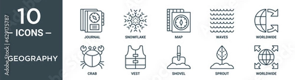 Fototapeta geography outline icon set includes thin line journal, snowflake, map, waves, worldwide, crab, vest icons for report, presentation, diagram, web design