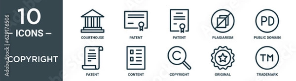 Fototapeta copyright outline icon set includes thin line courthouse, patent, patent, plagiarism, public domain, patent, content icons for report, presentation, diagram, web design