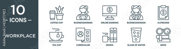 Fototapeta workplace outline icon set includes thin line coffee cup, businesswoman, online banking, businesswoman, clipboard, tea cup, curriculum icons for report, presentation, diagram, web design