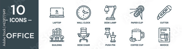 Fototapeta office outline icon set includes thin line laptop, wall clock, desk lamp, paper clip, cutter, building, desk chair icons for report, presentation, diagram, web design