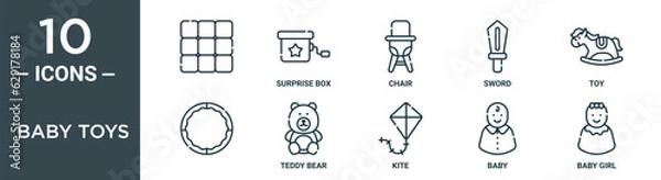 Fototapeta baby toys outline icon set includes thin line , surprise box, chair, sword, toy, teddy bear icons for report, presentation, diagram, web