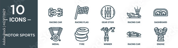 Fototapeta motor sports outline icon set includes thin line racing car, racing flag, gear stick, racing car, dashboard, medal, tyre icons for report, presentation, diagram, web design