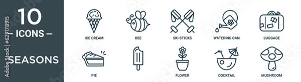Fototapeta seasons outline icon set includes thin line ice cream, bee, ski sticks, watering can, luggage, pie, icons for report, presentation, diagram, web design
