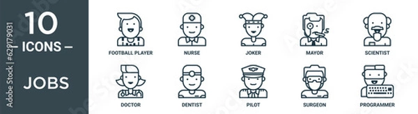 Fototapeta jobs outline icon set includes thin line football player, nurse, joker, mayor, scientist, doctor, dentist icons for report, presentation, diagram, web design