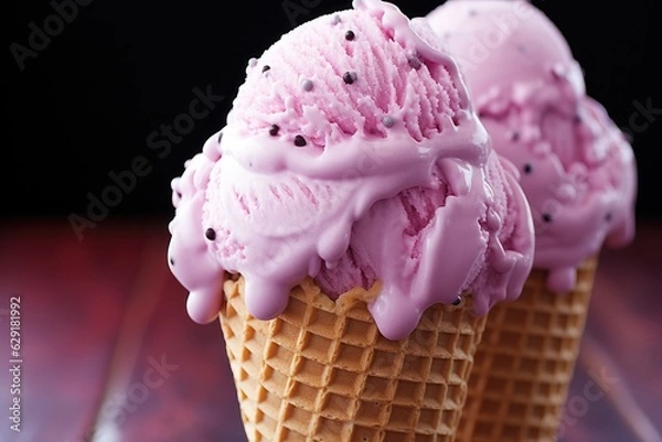 Obraz Pink ice cream in a waffle cone with bubble gum flavor. Delicious summer dessert. Generative AI