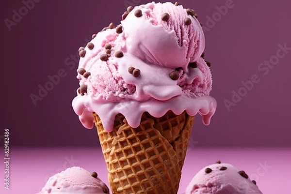Obraz Pink ice cream in a waffle cone with bubble gum flavor. Delicious summer dessert. Generative AI