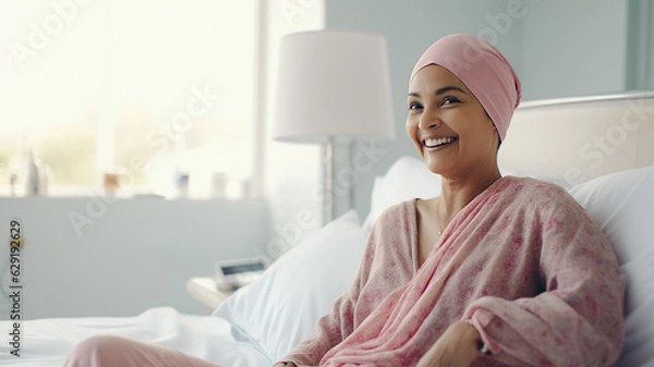 Fototapeta Indian cancer patient sitting on a bed, with headbands in the head, waiting to go to the operation room