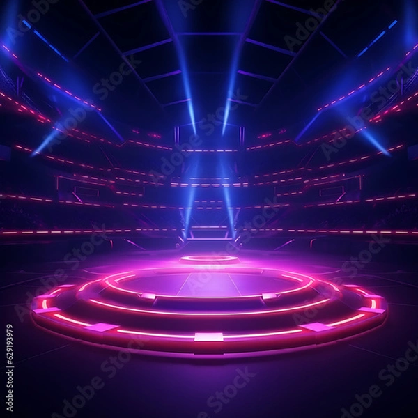 Obraz Futuristic E-Sport Event Empty Center in a Vibrant Neon-Lit Stadium on Dark Blue Background