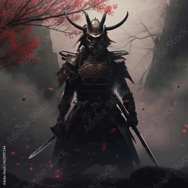 Obraz Dangerous samurai with sword ready for battle