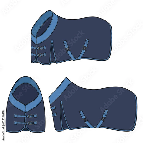 Obraz Set of color illustration with blue horse blanket, horsecloth. Isolated vector objects on white background.