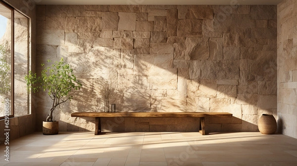 Fototapeta minimalist scene of a natural stone wall and a window, the connection with nature, Generative AI