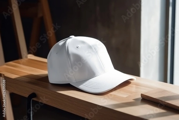 Fototapeta White baseball cap on a wooden table in the room. Side view.