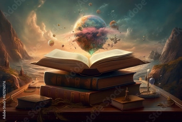 Fototapeta Old books and planets on a dark background. Back to school.