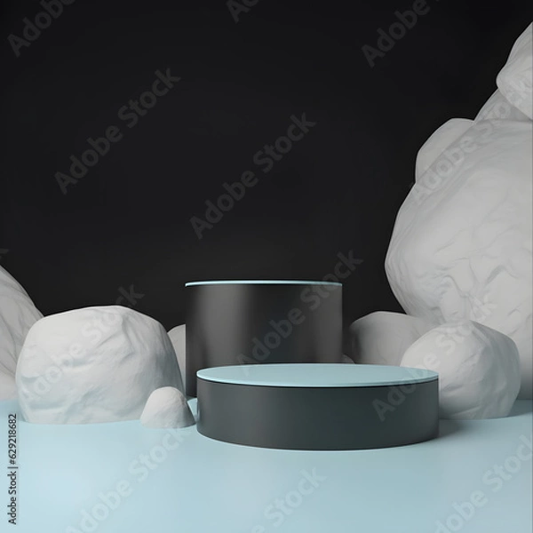 Obraz 3d rendering mockup of white cylinder podium in square with minimal light blue background