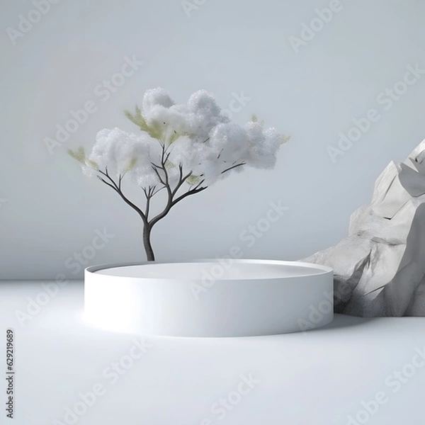 Obraz White color podium mockup with tree. Realistic 3d vector podium for cosmetics presentation with window shadow on the wall. Elegant visual background for advertising women makeup, cosmetics or beauty p