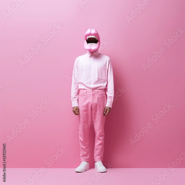 Fototapeta A man instead of a head with a mouth on a pink background