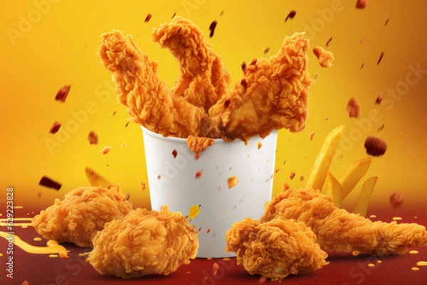 Fototapeta Fried chicken wings in a paper cup on a red background.