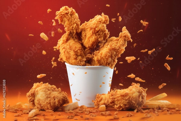 Fototapeta Crispy fried chicken pieces falling into a paper cup on orange background