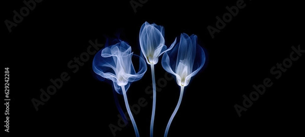 Fototapeta Blue petal on dark background. Horizontal banner with space for text. Realistic illustrations of flower in x-rays. Concept of checking health, wellness, growing plants, botany. Generative AI