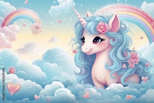 Fototapeta Illustration of a majestic unicorn sitting on a fluffy cloud with a vibrant rainbow in the background created with Generative AI technology