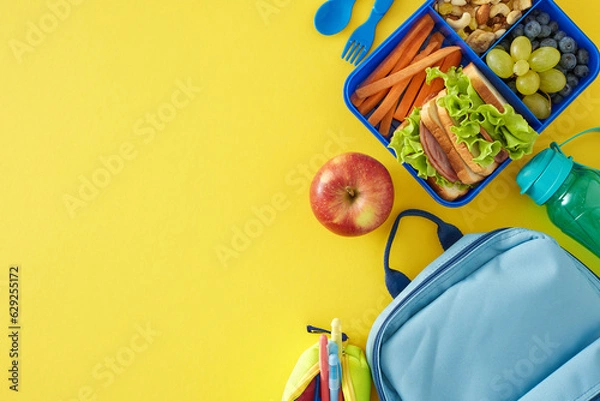 Fototapeta Nourishing snack selection for school concept. Top view shot of food container, water bottle, apple, schoolbag, pencil case, pen, cutlery on yellow background with empty space for promo or text