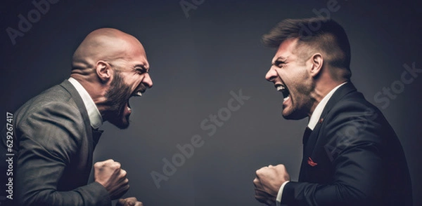 Fototapeta Two businessmen facing each other, with aggressive facial expressions, on a dark background, copy space
