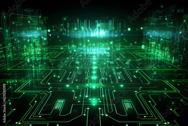 Fototapeta Green Circuit board background. Technology and science concept. Cyberspace connectivity. Generative AI