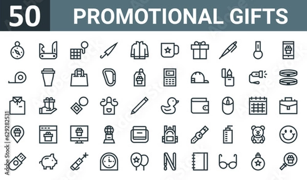 Fototapeta set of 50 outline web promotional gifts icons such as compass, jackknife, , umbrella, jacket, mug, gift vector thin icons for report, presentation, diagram, web design, mobile app.