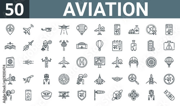 Fototapeta set of 50 outline web aviation icons such as placeholder, airplane, helicopter, runway, zeppelin, flight, smartphone vector thin icons for report, presentation, diagram, web design, mobile app.