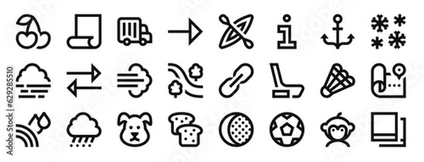 Fototapeta set of 24 outline web miscellaneous icons such as cherry, sheet, truck, right arrow, kayak, information, anchor vector icons for report, presentation, diagram, web design, mobile app