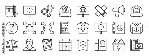 Fototapeta set of 24 outline web activist icons such as riot, love, handcuffs, cap, , scarf, megaphone vector icons for report, presentation, diagram, web design, mobile app