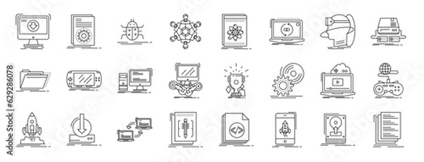 Fototapeta set of 24 outline web sofware engineering icons such as monitor, coding, bug, cooperation, api, laptop, vr glasses vector icons for report, presentation, diagram, web design, mobile app