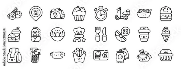 Obraz set of 24 outline web take away icons such as sushi, map point, taco, muffin, chronometer, motorcycle, takoyaki vector icons for report, presentation, diagram, web design, mobile app