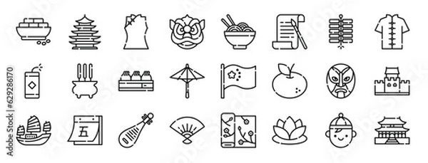 Fototapeta set of 24 outline web china icons such as tofu, temple, shirt, dragon, noodles, calligraphy, firecrackers vector icons for report, presentation, diagram, web design, mobile app