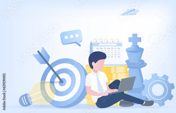Fototapeta Business ideas concept. Business people planning, project management, financial strategy, goals, thinking, analyzing market trends, identifying opportunity, and achieving success. Vector illustration.