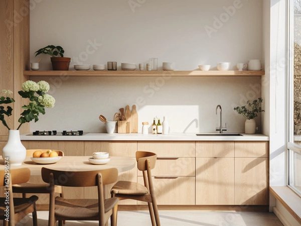 Fototapeta Inviting light wood kitchen with a welcoming vibe. AI Generated.