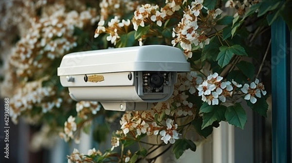Fototapeta Security camera in front of house with flowers in the foreground.