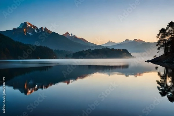 Fototapeta Panoramic landscape of great Himalayas mountain range during an autumn morning AI Generated
