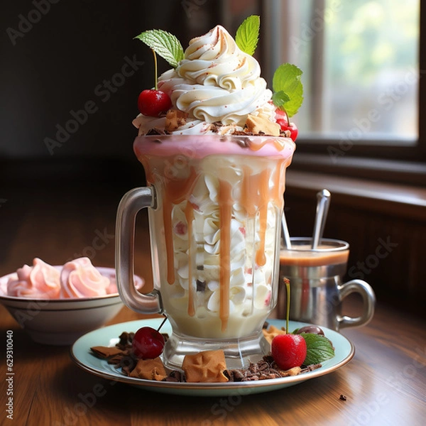 Obraz ice cream on table with window illustration