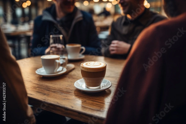 Fototapeta Lifestyle, friendship, food and drinks concept. Group of happy friends drinking coffee and talking with each other in cafe. Generative AI
