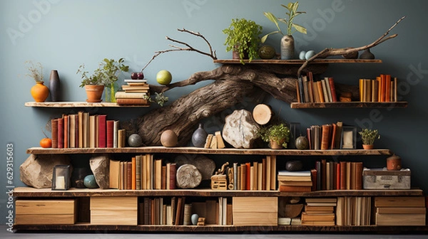 Obraz minimalist shelf on recycled wood wall with ecology books, embracing sustainability, Generative AI