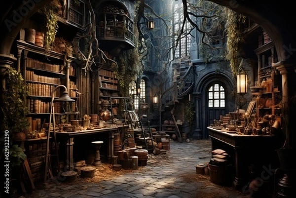 Fototapeta photo backdrop of a mystical castle - magical fantasy universe - old alchemy - old books, wooden shelves, roots hanging from the seeling, small lights and lanterns - generative ai