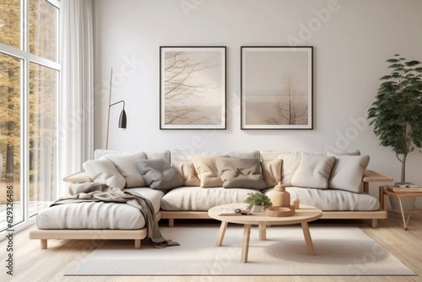 Fototapeta The idea of Scandinavian living room interior involves incorporating various elements like a stylish sofa, a coffee table, a potted plant, a lamp, a carpet, a plaid, pillows, a shelf, decorative items
