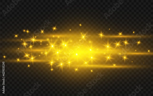 Fototapeta The dust sparks and golden stars shine with special light. Vector sparkles on a transparent background. Christmas light effect. Sparkling magical dust particles.