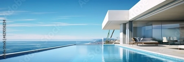 Obraz  banner summer luxury estate villa with large swimming pool, Luxury modern estate property on hill with stunning sea view, Summer vacation, tourism, copyspace, generative ai