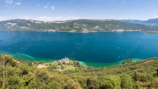 Obraz Panoramic view of the Lac du Bourget from the Belvédère d'Ontex (Ontex belvedere) on the heights of the Hautecombe Abbey in the Savoie department, south-eastern France.
