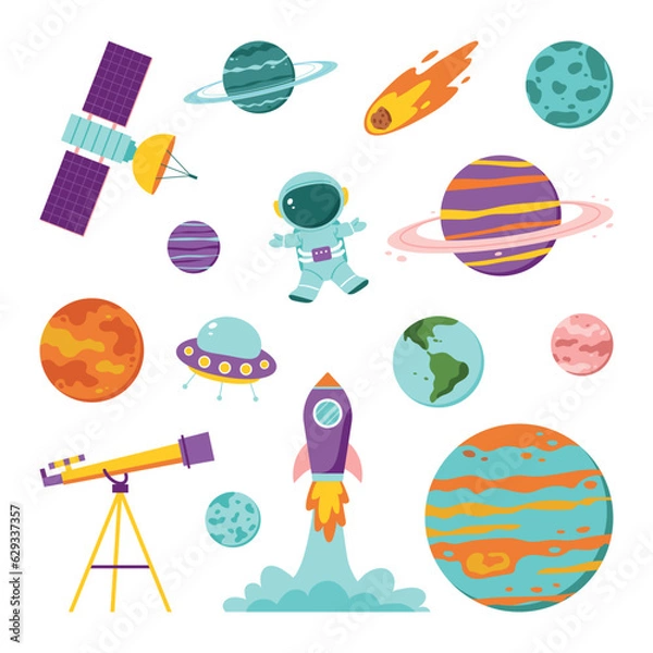 Fototapeta Solar system set isolated on white background. Space. Flat vector illustration.