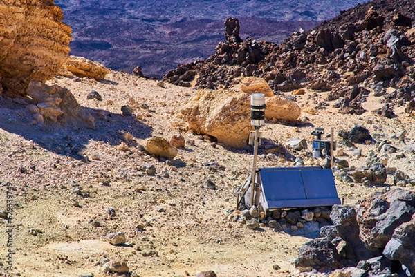 Obraz A weather station in the mountains. Seismograph. A device for monitoring the seismic activity of a volcano