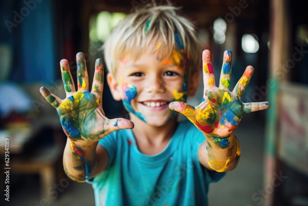 Fototapeta Smiling young boy with paint on his hands and face